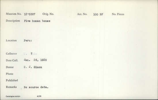 Documentation associated with Hearst Museum object titled Human remains, accession number 12-3387, described as Five human bones, postcranial