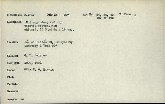 Documentation associated with Hearst Museum object titled Beer cup, accession number 6-7247, described as Pottery, deep red cup, pointed bottom, rim chipped: least diameter 5 cm, greatest 6.5 cm, height 16 cm