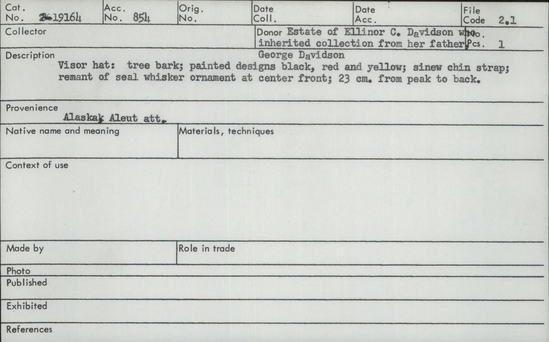 Documentation associated with Hearst Museum object titled Visor hat, accession number 2-19164, described as Visor hat. Tree bark, painted designs in black, red and yellow; sinew chin strap; remnant of seal whisker ornament at center front.