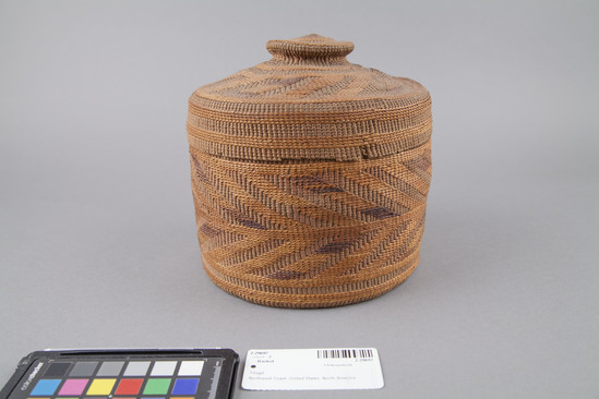 Hearst Museum object 2 of 2 titled Basket, accession number 2-29697, described as Herring bone design on outside; stripes of colors inside. Lid has knob.