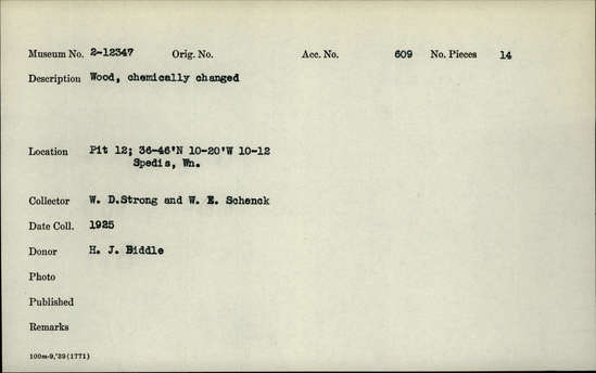 Documentation associated with Hearst Museum object titled Wood, accession number 2-12347, described as Wood, chemically changed.