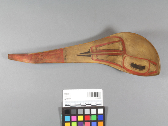 Hearst Museum object 3 of 3 titled Spoon, accession number 2-19089, described as Wooden. Red and black totemic design.