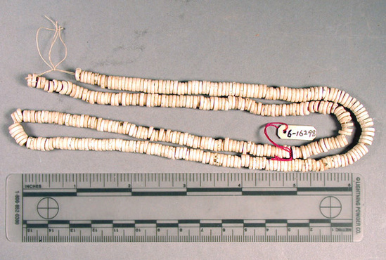 Hearst Museum object 1 of 2 titled Beads, accession number 6-16298, described as Beads: String of white shell discs. Length 65cm.