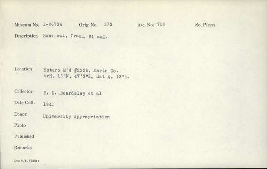 Documentation associated with Hearst Museum object titled Awl fragment, accession number 1-60734, described as Bone.