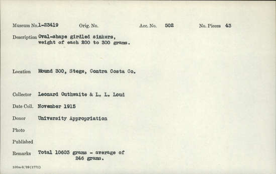 Documentation associated with Hearst Museum object titled Sinkers, accession number 1-23419, described as Oval-shaped, girdled