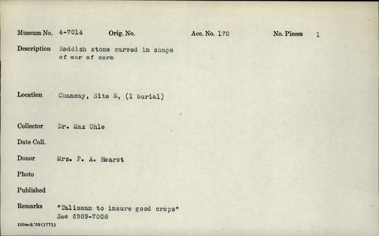 Documentation associated with Hearst Museum object titled Corn carving, accession number 4-7014, no description available.