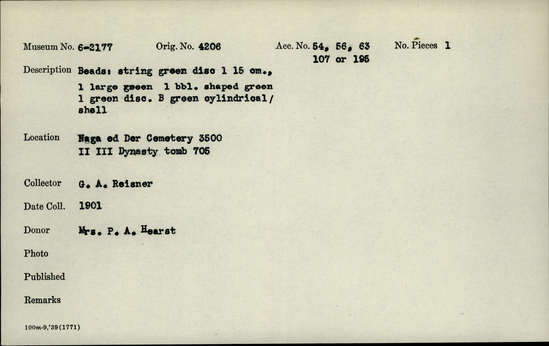 Documentation associated with Hearst Museum object titled Beads, accession number 6-2177, described as Beads: string green disc length 15 cm. 1 large green, 1 bbl. shaped green, 1 green disc. B green cylindrical/shell