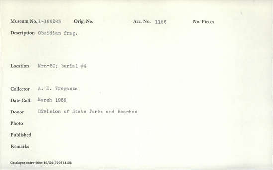 Documentation associated with Hearst Museum object titled Flake, accession number 1-166283, described as Obsidian fragment (flake) Notice: Image restricted due to its potentially sensitive nature. Contact Museum to request access.