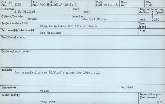 Documentation associated with Hearst Museum object titled Audio recording, accession number 24-2161, described as Song by Milikbe for Lileusi Dance