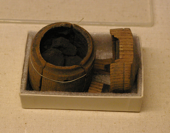 Hearst Museum object titled Ink pot with lid, accession number 6-21413a,b, described as (A) Wooden ink pot with ink powder. (B) Lid. Late Roman tomb. Notice: Image restricted due to its potentially sensitive nature. Contact Museum to request access.