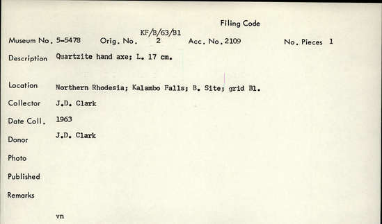 Documentation associated with Hearst Museum object titled Handaxe, accession number 5-5478, described as Quartzite hand axe; L. 17 cm