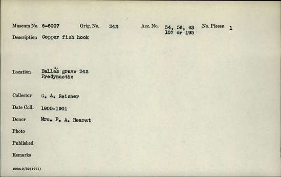 Documentation associated with Hearst Museum object titled Fishhook, accession number 6-6007, described as Copper fish hook