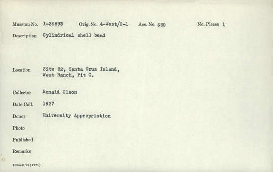 Documentation associated with Hearst Museum object titled Bead, accession number 1-36693, described as Cylindrical, shell