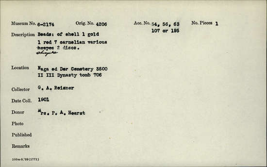 Documentation associated with Hearst Museum object titled Beads, accession number 6-2174, described as Beads: of shell, 1 gold, 1 red, 7 carnelian various shapes, 2 discs