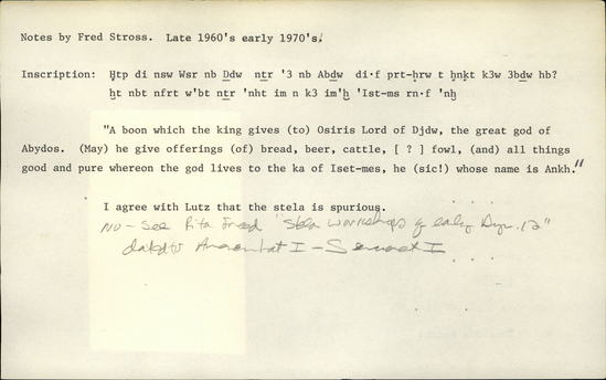 Documentation associated with Hearst Museum object titled Stela, accession number 5-351, described as Stele of prince holding lotus flower. Iset-mes-ankh. 44 cm x 28 cm x 8.5 cm.