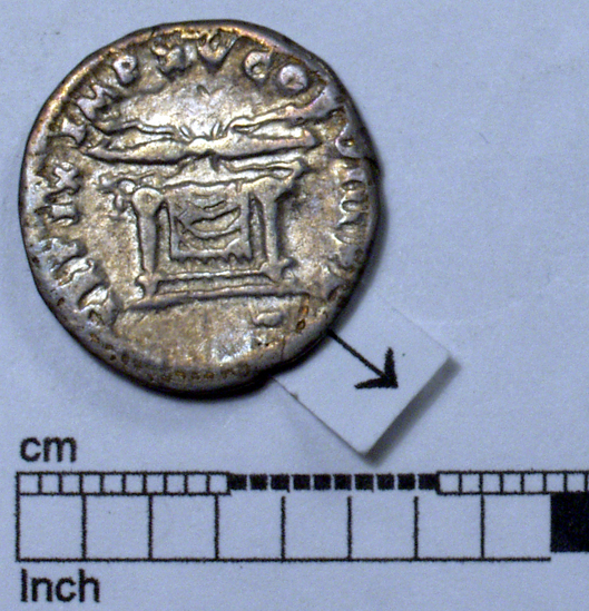 Hearst Museum object 2 of 8 titled Coin: denarius, accession number 8-5637, described as Coin. Roman. Denarius. (    gms.; 18 mm.) Titus, AD. 80, Rome. Obverse: IMP TITVS  CAES   VESPASIAN AVG  P M   Head facing right, laureate. Reverse: TR P IX   IMP XV  COS  VIII   P P   Winged thunderbolt on draped altar.