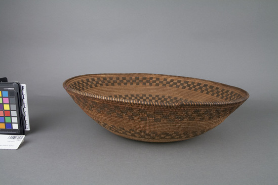 Hearst Museum object 2 of 2 titled Winnowing tray, accession number 1-224025, described as Coiled tray. Checker ovoid designs.