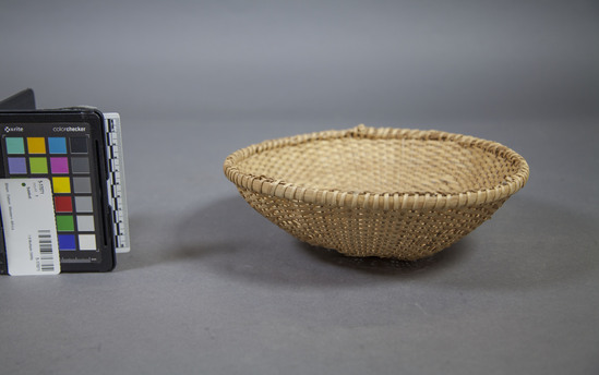 Hearst Museum object titled Basket, accession number 5-17071, described as Wide mouthed, woven basket with combinations of lattice and herringbone weaves.