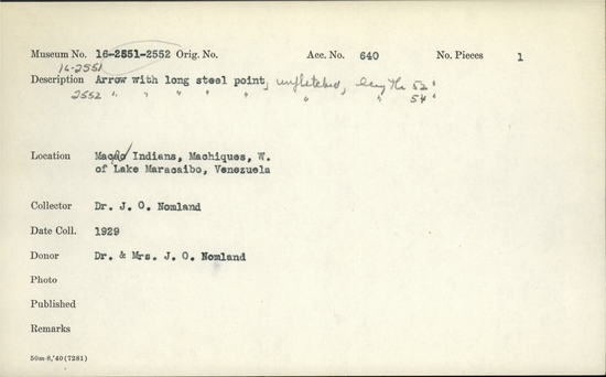 Documentation associated with Hearst Museum object titled Arrow, accession number 16-2551, described as Arrow with long steel point; unfletched