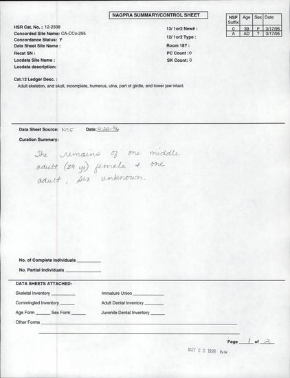 Documentation associated with Hearst Museum object titled Human remains, accession number 12-2338(0), described as Partial cranium and postcrania