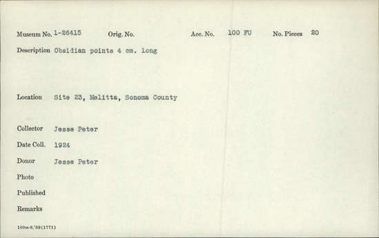 Documentation associated with Hearst Museum object titled Points, accession number 1-26415, described as Obsidian points; 4 cm. long