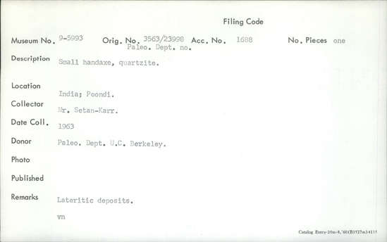 Documentation associated with Hearst Museum object titled Handaxe, accession number 9-5993, described as Small handaxe, quartzite