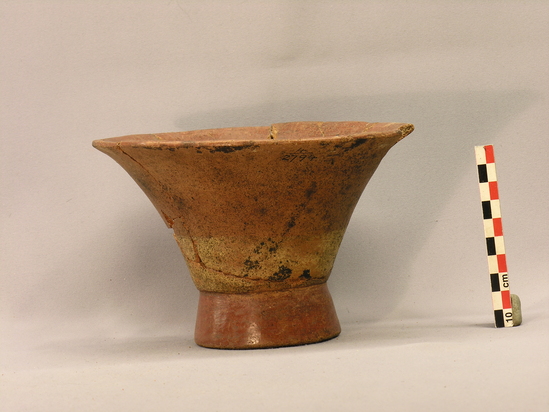 Hearst Museum object 4 of 12 titled Bowl, accession number 4-2794, described as Flaring flat-bottomed bowl, red, base containing rattles