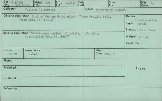 Documentation associated with Hearst Museum object titled Medal, accession number 2-34066, described as Bust of George Washington; “Born February 22 1732, Died December 14, 1799.” Reverse description: “Washington cabinet of medals, U.S. mint, inaugurated February 22, 1860”