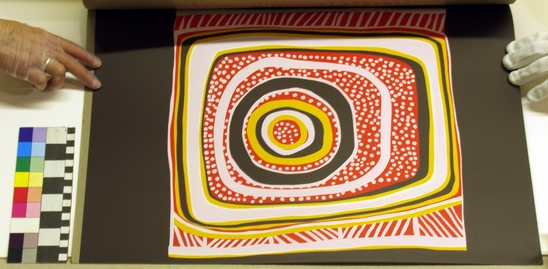 Hearst Museum object 5 of 6 titled Silkscreen, accession number 17-580a-e, described as Album of Aboriginal Australian designs. Fourth in a series of four.