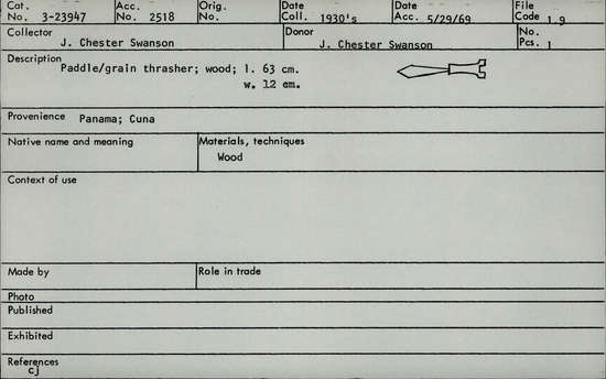 Documentation associated with Hearst Museum object titled Paddle, accession number 3-23947, described as Paddle/grain thrasher; wood; length 63 cm.; width 12 cm.