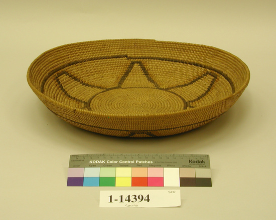 Hearst Museum object titled Basket, accession number 1-14394, described as Flat. Design of 3 spirally rediating lines each of 3 pairs of black triangles.