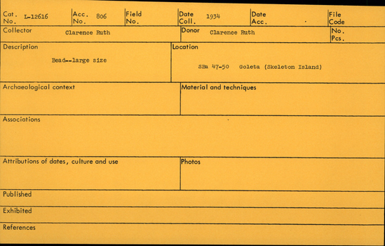 Documentation associated with Hearst Museum object titled Bead, accession number L-12616, described as Bead- large size