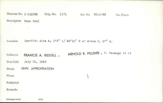 Documentation associated with Hearst Museum object titled Worked bone, accession number 1-110085, described as Bone.