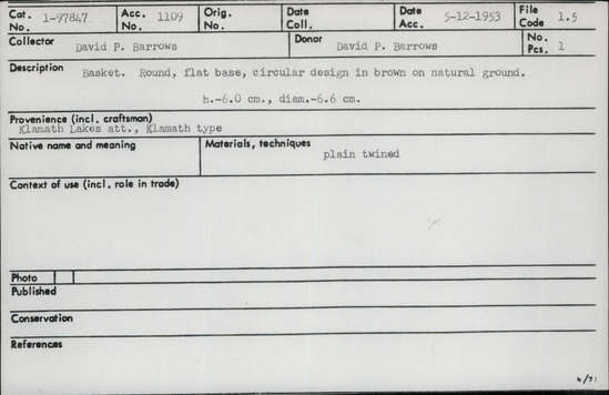 Documentation associated with Hearst Museum object titled Basket, accession number 1-97847, described as Twined small basket with brown bands.