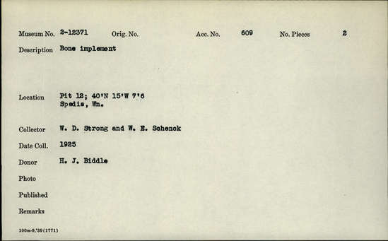 Documentation associated with Hearst Museum object titled Awl and bone point, accession number 2-12371, described as Bone.