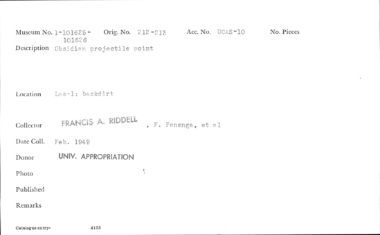 Documentation associated with Hearst Museum object titled Projectile point, accession number 1-101625, described as Obsidian.