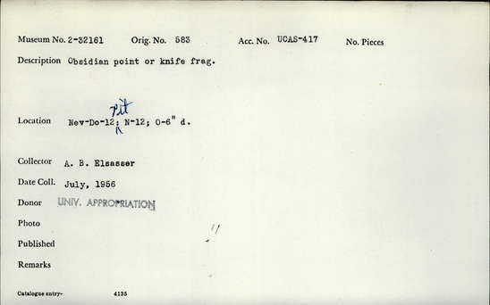 Documentation associated with Hearst Museum object titled Point or knife fragment, accession number 2-32161, described as Obsidian.