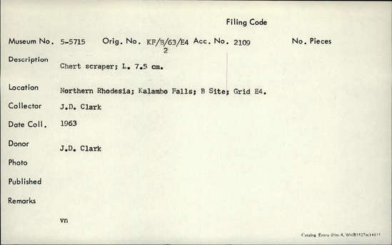 Documentation associated with Hearst Museum object titled Scraper, accession number 5-5715, described as chert scraper; length 7.5 cm