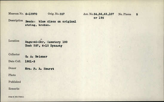 Documentation associated with Hearst Museum object titled Beads, accession number 6-12970, described as Beads: blue discs on original string, broken. [inv.: original string]