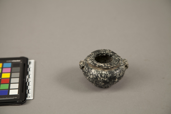 Hearst Museum object titled Jar, accession number 6-10510, described as white and black granite squat jar with handles; height 74 mm, diameter 74 mm