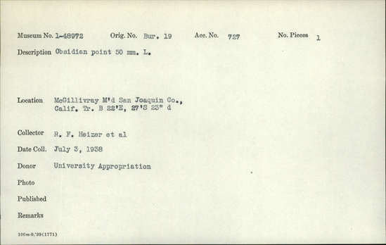 Documentation associated with Hearst Museum object titled Point, accession number 1-48972, described as Obsidian. Notice: Image restricted due to its potentially sensitive nature. Contact Museum to request access.