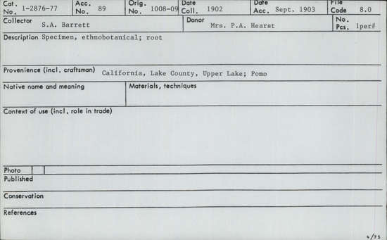 Documentation associated with Hearst Museum object titled Root, accession number 1-2877, described as Root