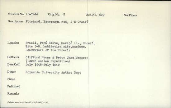 Documentation associated with Hearst Museum object titled Potsherds, accession number 16-7344, described as Esperanza red