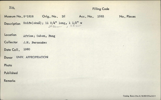 Documentation associated with Hearst Museum object titled Knife, accession number 5-1808, described as Knife(okuñ) ; 11 ¾" long, 1 ½" wide ; (29.86 cm, 3.3 cm)