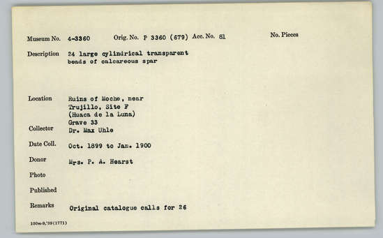 Documentation associated with Hearst Museum object titled Beads (24), accession number 4-3360, no description available.