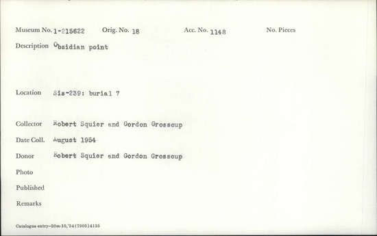 Documentation associated with Hearst Museum object titled Point, accession number 1-215622, described as Obsidian.
