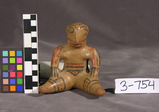 Hearst Museum object titled Figurine, accession number 3-754, described as Pottery figure, three colors