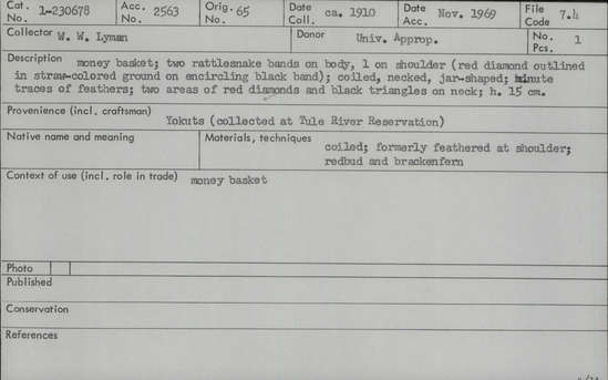 Documentation associated with Hearst Museum object titled Basket, accession number 1-230678, described as 2 rattlesnake bands on body, one on shoulder (red diamond, outlined in straw-colored ground on encircling black band); coiled, necked, jar-shaped. Minute traces of feathers; 2 areas of red diamonds and black triangles on neck. Made of redbud and bracken fern.