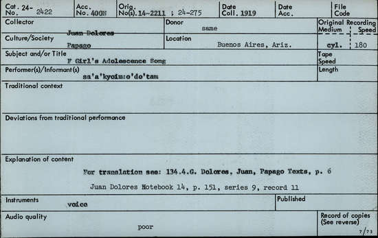 Documentation associated with Hearst Museum object titled Audio recording, accession number 24-2422, described as Girl's Adolescence Song Notebook 14, p.151 Series 9, Record 11