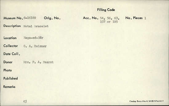 Documentation associated with Hearst Museum object titled Bracelet, accession number 6-16189, described as Metal bracelet